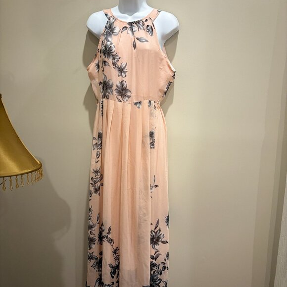 Fashion Mia Pastel Pink w/Gray Flowers Sleeveless Halter style Maxi Dress Large - Picture 1 of 10